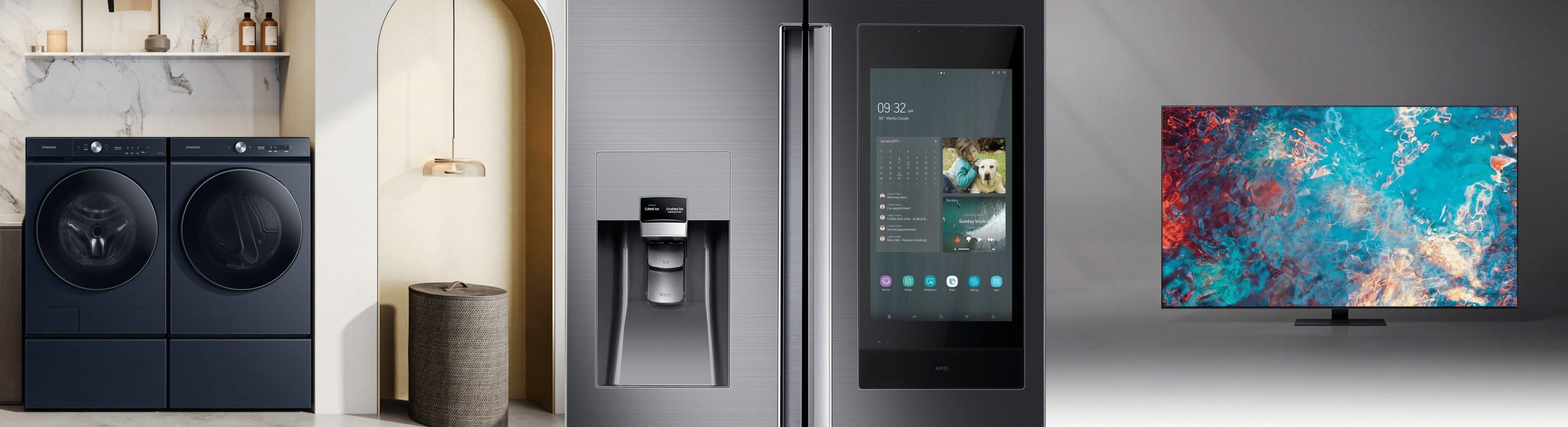 Modern Samsung home appliances including washing machine, refrigerator with smart display, and flat-screen TV showcasing Samsung Vietnam warranty services.